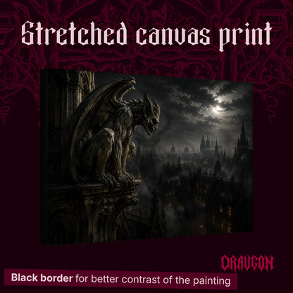 Nightwatch shown as a gallery-wrapped stretched canvas angled to reveal its depth and black border, with the Draugon wordmark and the caption Black border for better contrast of the painting.