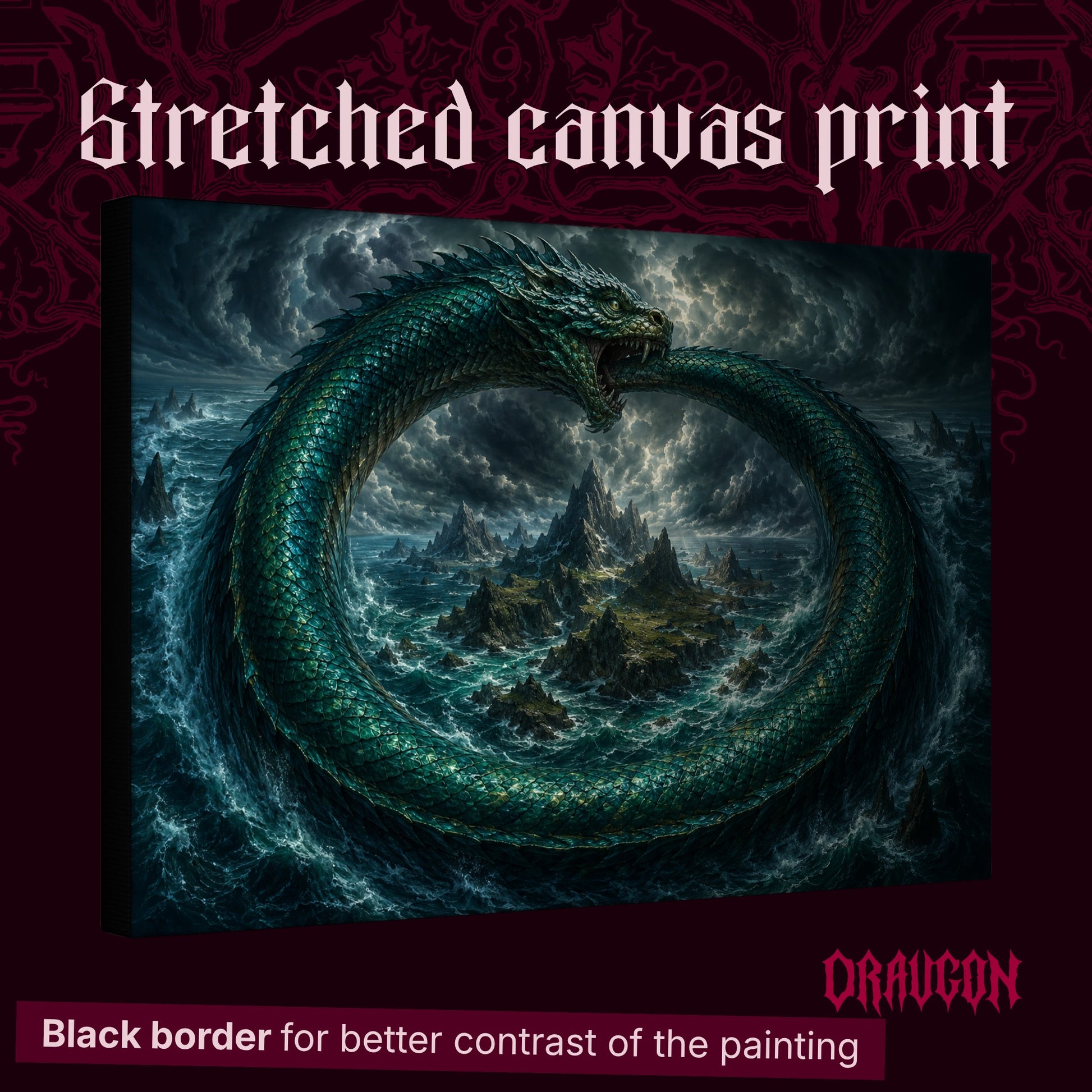 Jörmungandr shown as a gallery-wrapped stretched canvas angled to reveal its depth and black border, with the Draugon wordmark and the caption Black border for better contrast of the painting.