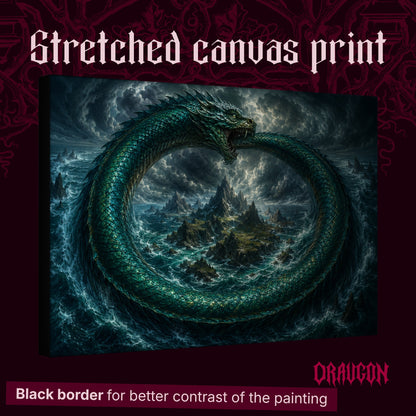 Jörmungandr shown as a gallery-wrapped stretched canvas angled to reveal its depth and black border, with the Draugon wordmark and the caption Black border for better contrast of the painting.