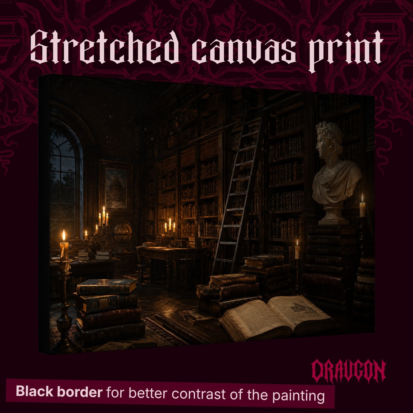 The Small Hours shown as a gallery-wrapped stretched canvas angled to reveal its depth and black border, with the Draugon wordmark and the caption Black border for better contrast of the painting.