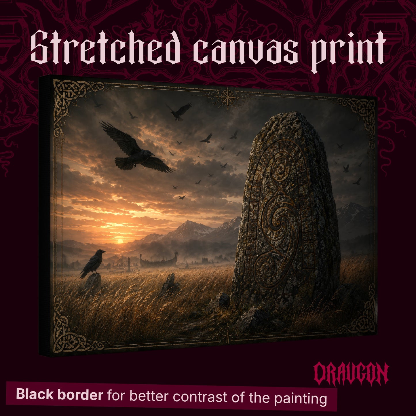 The Harvest Stone shown as a gallery-wrapped stretched canvas angled to reveal its depth and black border, with the Draugon wordmark and the caption Black border for better contrast of the painting.
