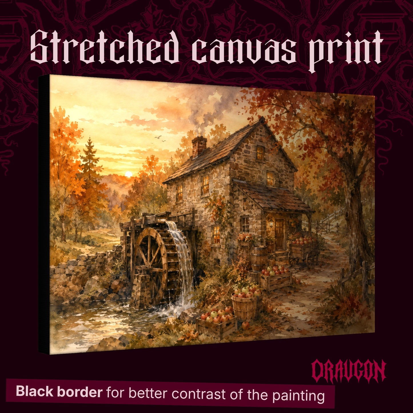Millpond Gold shown as a gallery-wrapped stretched landscape canvas angled to reveal its depth and black border, with the Draugon wordmark and the caption Black border for better contrast of the painting.