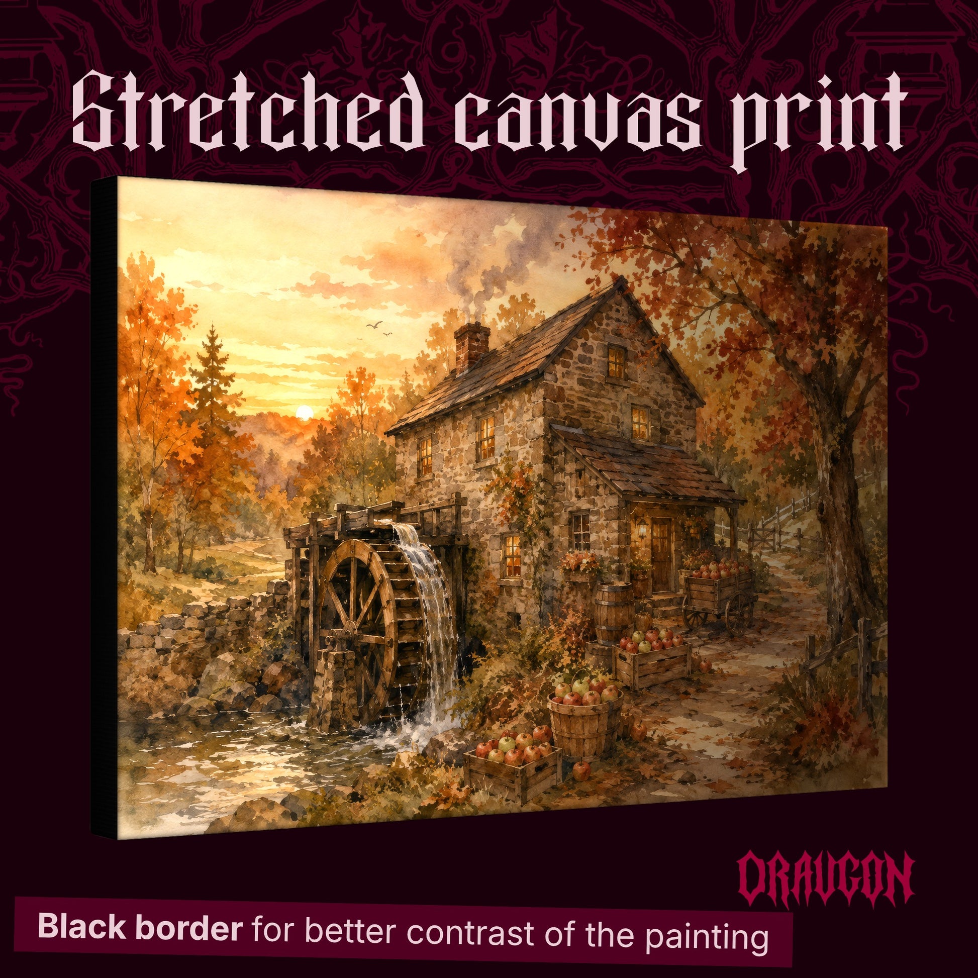 Millpond Gold shown as a gallery-wrapped stretched landscape canvas angled to reveal its depth and black border, with the Draugon wordmark and the caption Black border for better contrast of the painting.