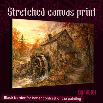 Millpond Gold shown as a gallery-wrapped stretched landscape canvas angled to reveal its depth and black border, with the Draugon wordmark and the caption Black border for better contrast of the painting.