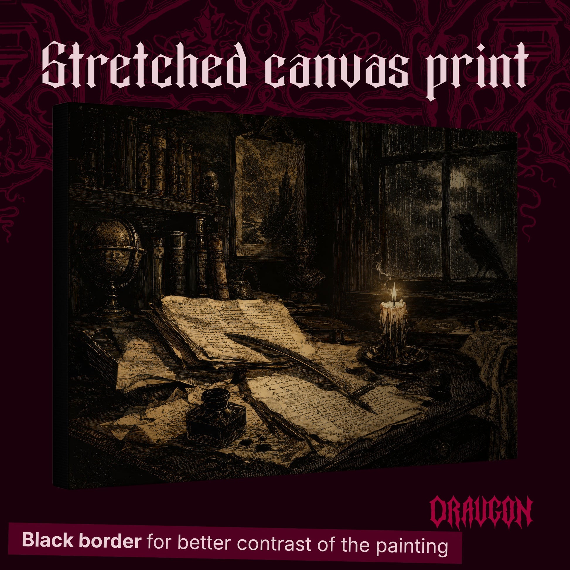 The Unfinished Letter shown as a gallery-wrapped stretched canvas angled to reveal its depth and black border, with the Draugon wordmark and the caption Black border for better contrast of the painting.