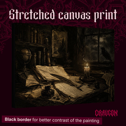 The Unfinished Letter shown as a gallery-wrapped stretched canvas angled to reveal its depth and black border, with the Draugon wordmark and the caption Black border for better contrast of the painting.