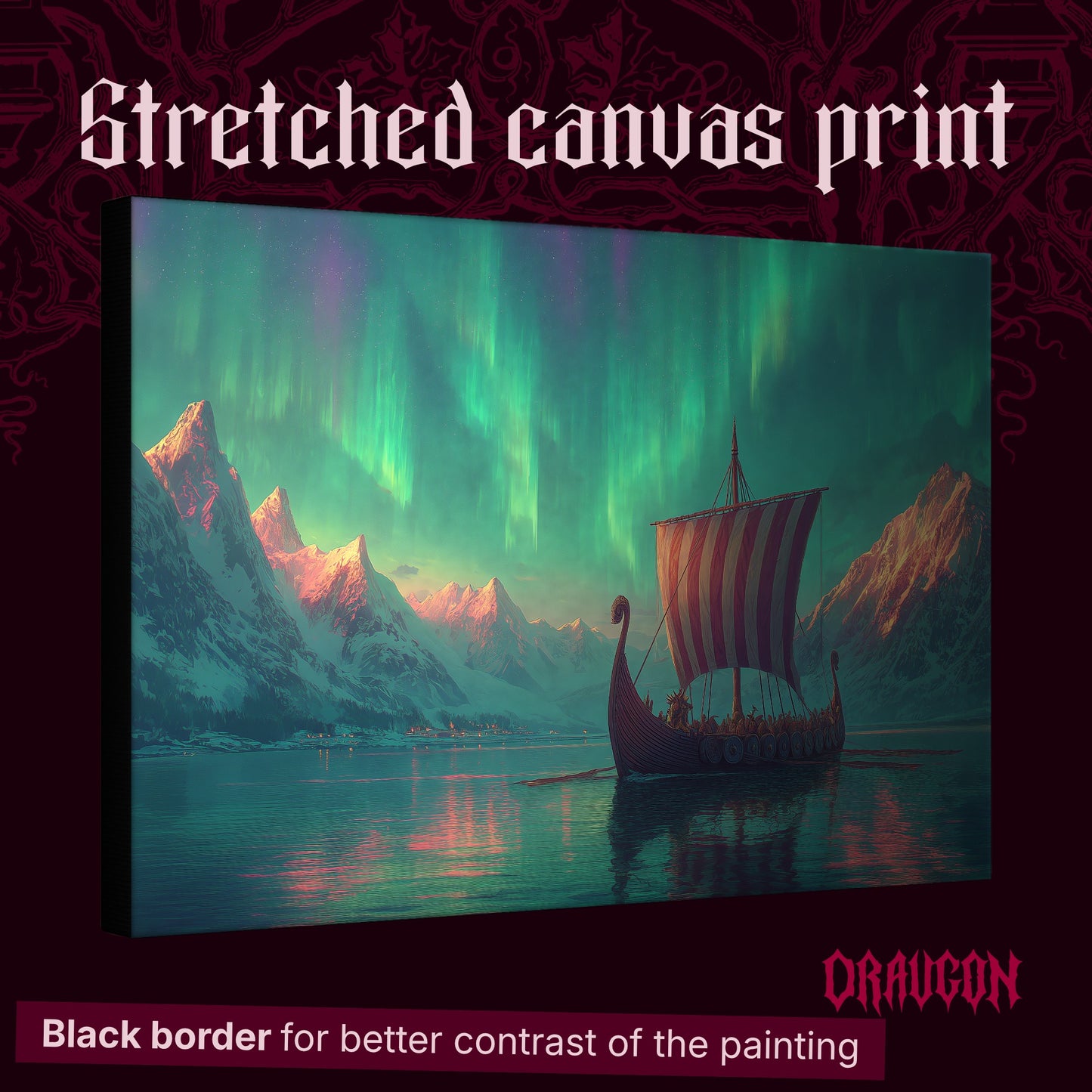 Vinland shown as a gallery-wrapped stretched canvas angled to reveal its depth and black border, with the Draugon wordmark and the caption Black border for better contrast of the painting.