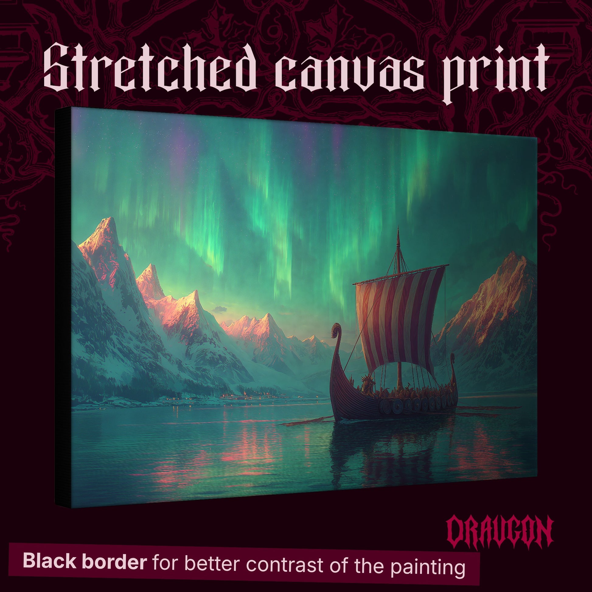 Vinland shown as a gallery-wrapped stretched canvas angled to reveal its depth and black border, with the Draugon wordmark and the caption Black border for better contrast of the painting.