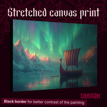 Vinland shown as a gallery-wrapped stretched canvas angled to reveal its depth and black border, with the Draugon wordmark and the caption Black border for better contrast of the painting.