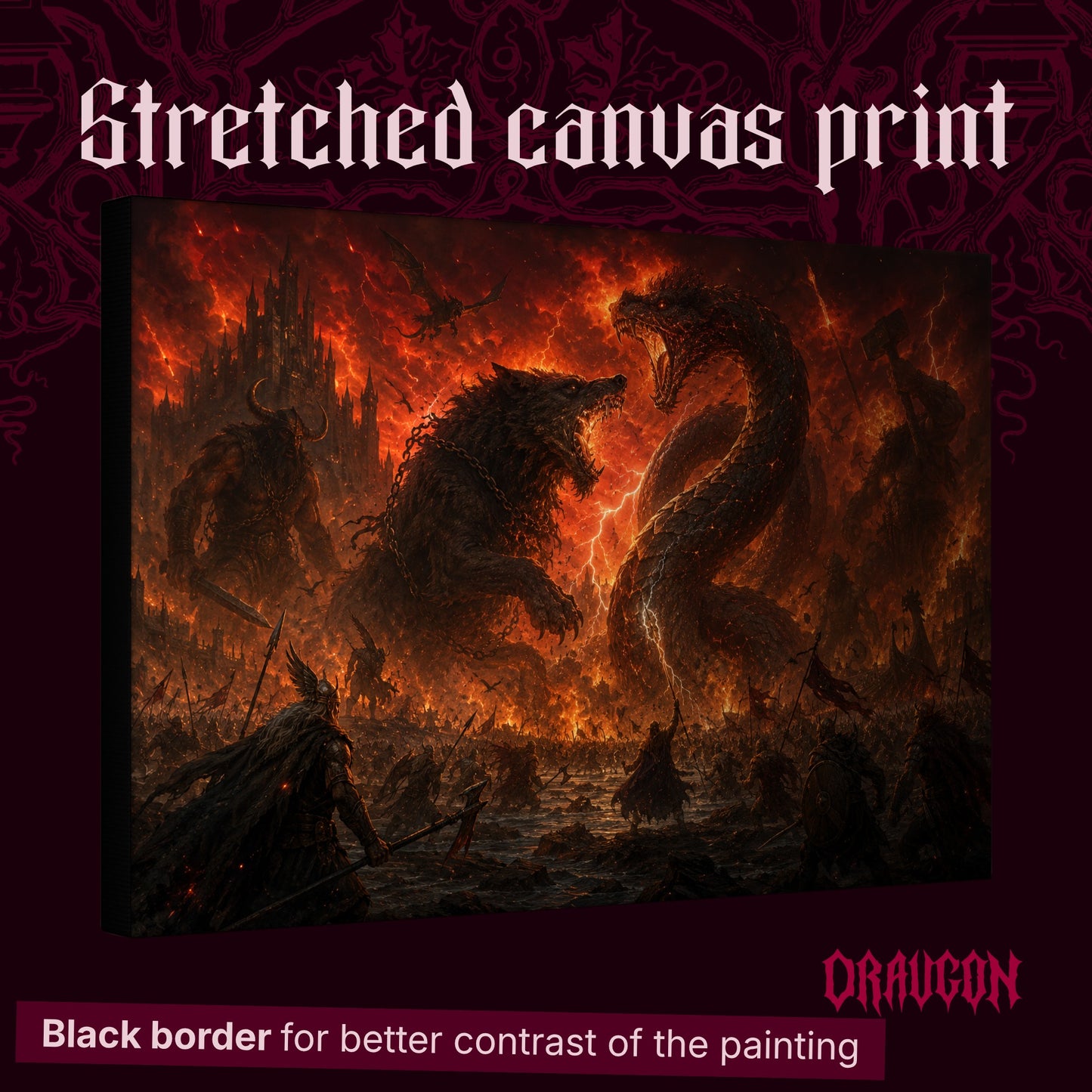 Twilight of the Gods shown as a gallery-wrapped stretched canvas angled to reveal its depth and black border, with the Draugon wordmark and the caption Black border for better contrast of the painting.