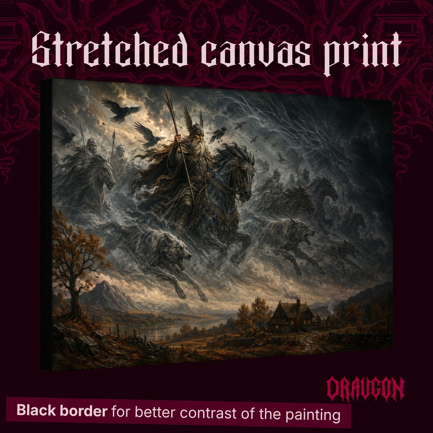 Oskoreia shown as a gallery-wrapped stretched canvas angled to reveal its depth and black border, with the Draugon wordmark and the caption Black border for better contrast of the painting.