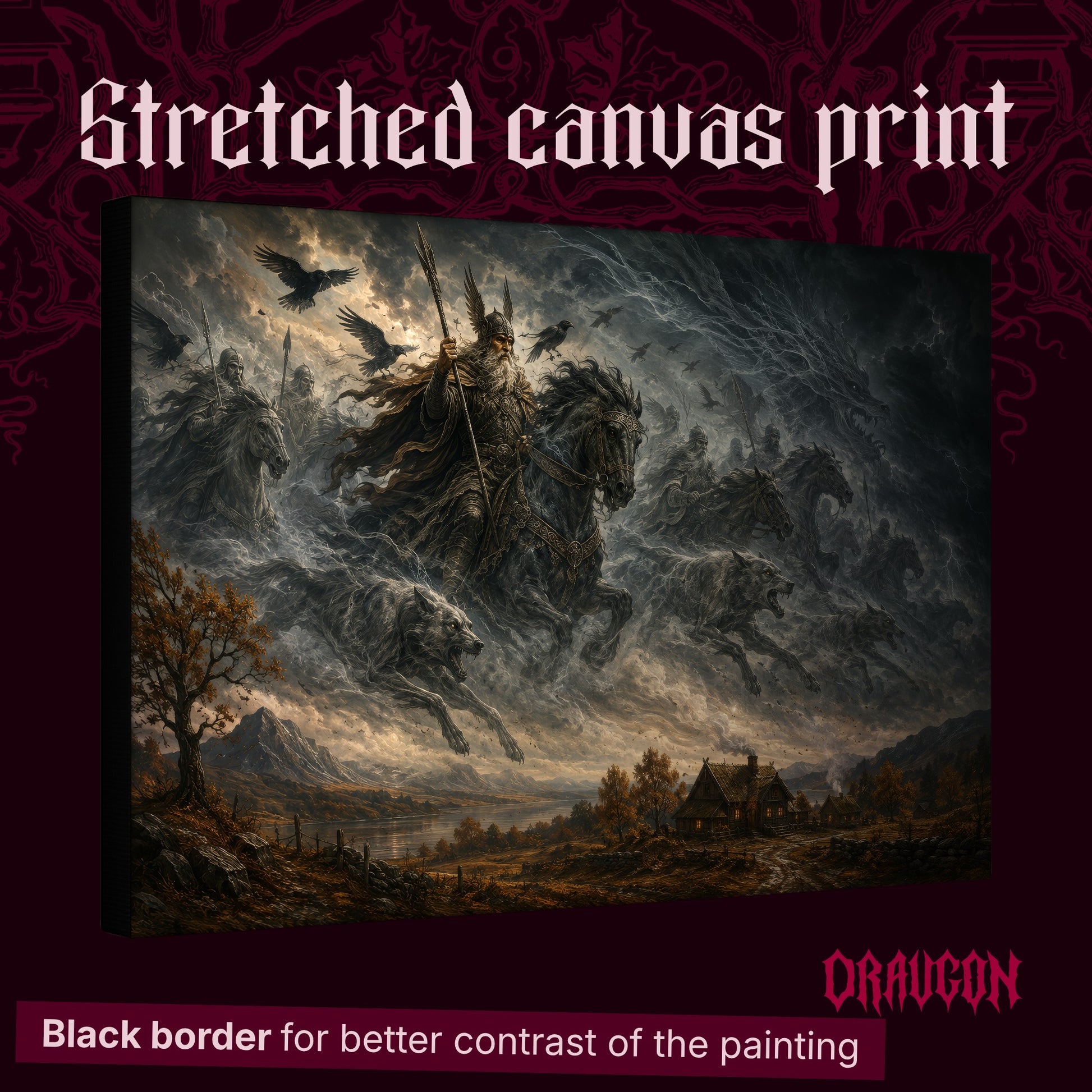 Oskoreia shown as a gallery-wrapped stretched canvas angled to reveal its depth and black border, with the Draugon wordmark and the caption Black border for better contrast of the painting.