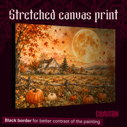 Homestead Moonrise shown as a gallery-wrapped stretched canvas angled to reveal its depth and black border, with the Draugon wordmark and the caption Black border for better contrast of the painting.