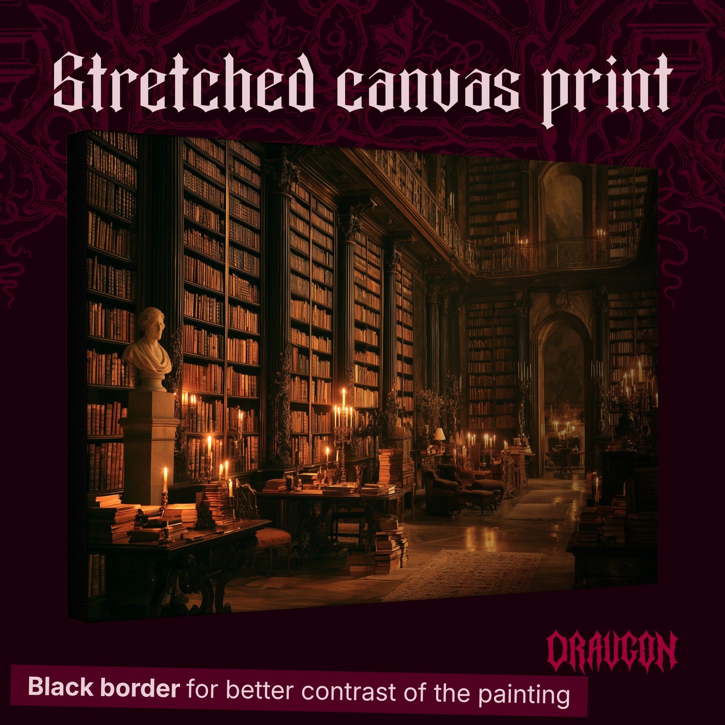 The Long Gallery shown as a gallery-wrapped stretched canvas angled to reveal its depth and black border, with the Draugon wordmark and the caption Black border for better contrast of the painting.