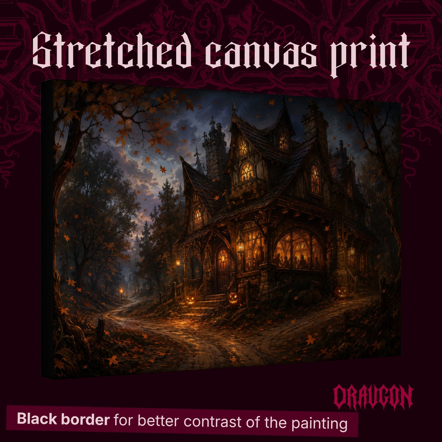 Lantern's End Inn shown as a gallery-wrapped stretched canvas angled to reveal its depth and black border, with the Draugon wordmark and the caption Black border for better contrast of the painting.