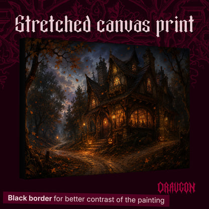 Lantern's End Inn shown as a gallery-wrapped stretched canvas angled to reveal its depth and black border, with the Draugon wordmark and the caption Black border for better contrast of the painting.
