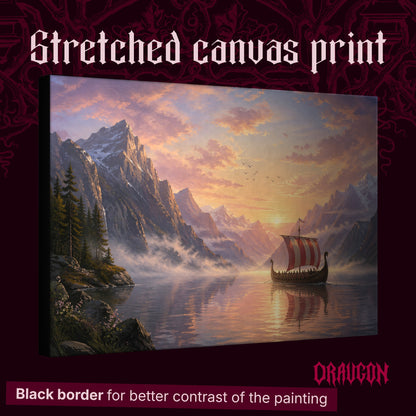 The Longship at Dawn shown as a gallery-wrapped stretched canvas angled to reveal its depth and black border, with the Draugon wordmark and the caption Black border for better contrast of the painting.