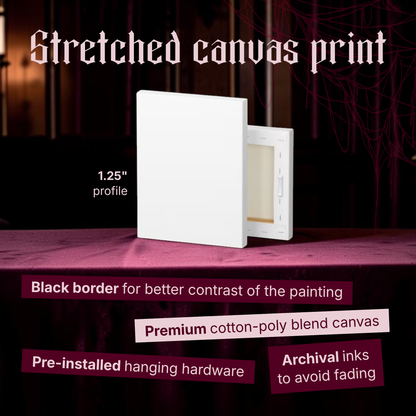 Stretched canvas info card for Gloria showing a blank white canvas from the front and back on burgundy velvet, with callouts for the 1.25 inch profile, black border for better contrast, premium cotton-poly blend canvas, pre-installed hanging hardware and archival inks.