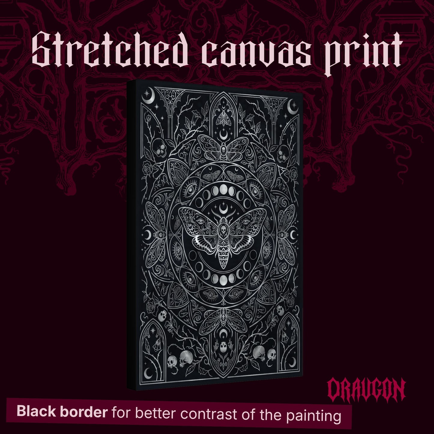 Vanitas shown as a gallery-wrapped stretched canvas angled to reveal its depth and black border, with the Draugon wordmark and the caption Black border for better contrast of the painting.