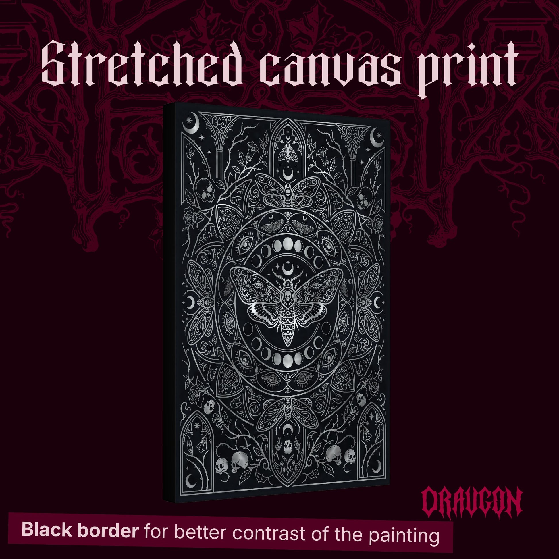 Vanitas shown as a gallery-wrapped stretched canvas angled to reveal its depth and black border, with the Draugon wordmark and the caption Black border for better contrast of the painting.