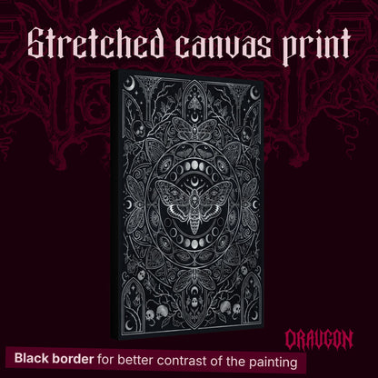 Vanitas shown as a gallery-wrapped stretched canvas angled to reveal its depth and black border, with the Draugon wordmark and the caption Black border for better contrast of the painting.