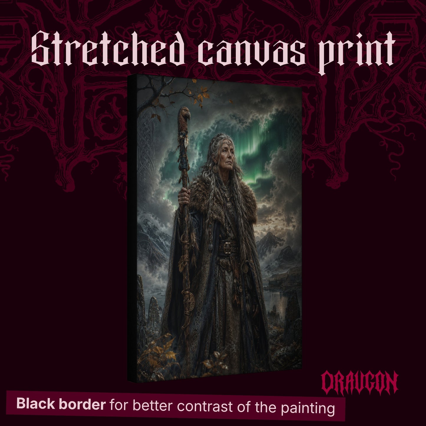 Spákona shown as a gallery-wrapped stretched canvas angled to reveal its depth and black border, with the Draugon wordmark and the caption Black border for better contrast of the painting