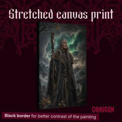 Spákona shown as a gallery-wrapped stretched canvas angled to reveal its depth and black border, with the Draugon wordmark and the caption Black border for better contrast of the painting