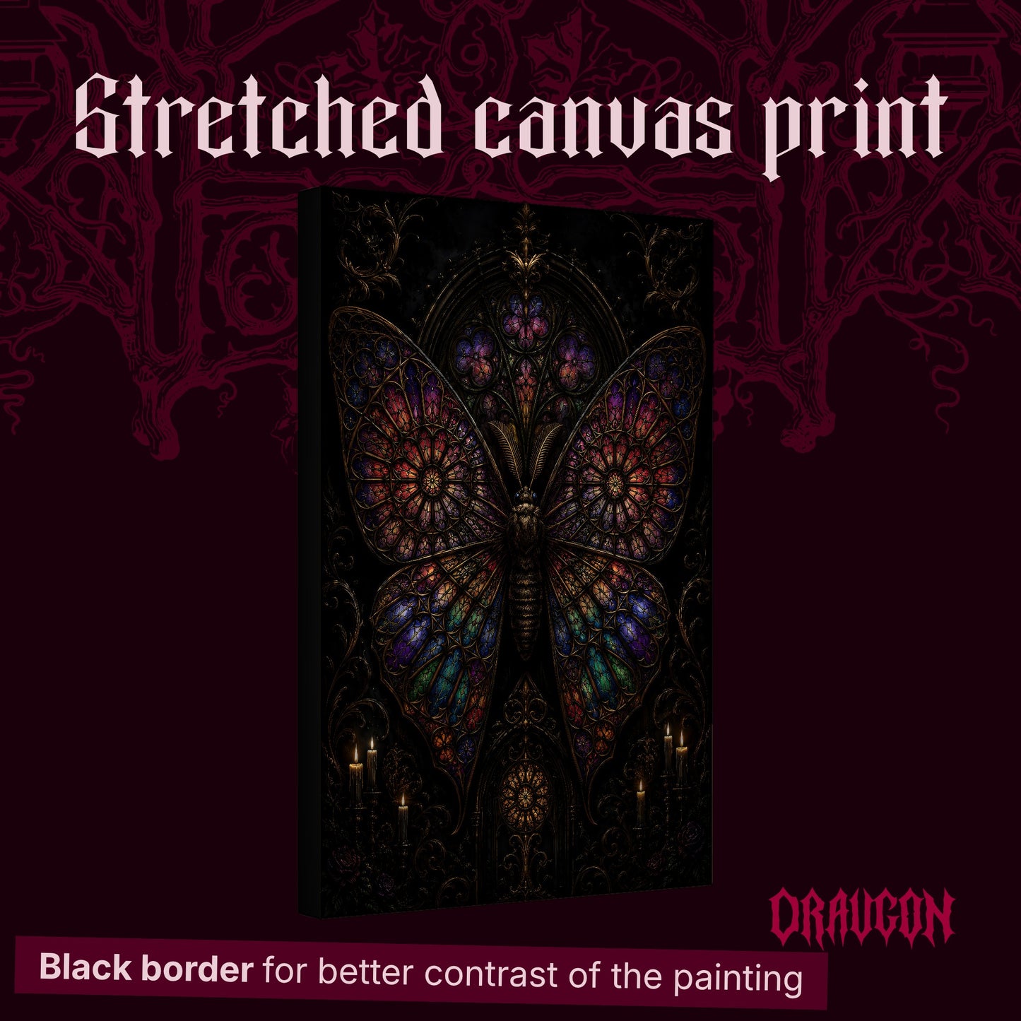 Vitrarium shown as a gallery-wrapped stretched canvas angled to reveal its depth and black border, with the Draugon wordmark and the caption Black border for better contrast of the painting.
