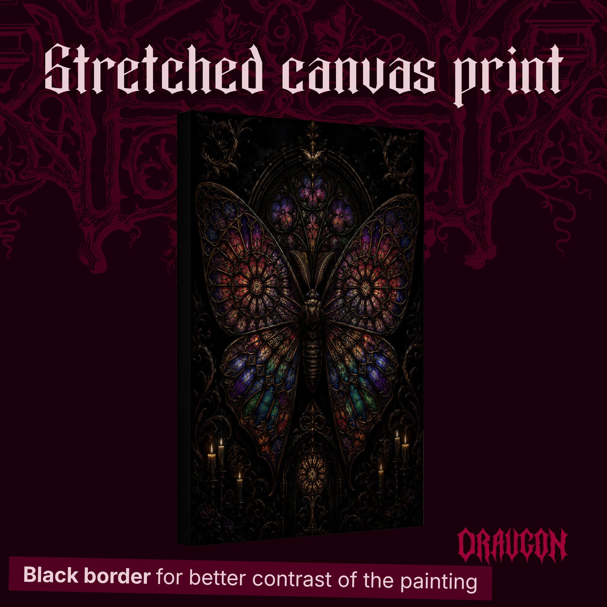 Vitrarium shown as a gallery-wrapped stretched canvas angled to reveal its depth and black border, with the Draugon wordmark and the caption Black border for better contrast of the painting.