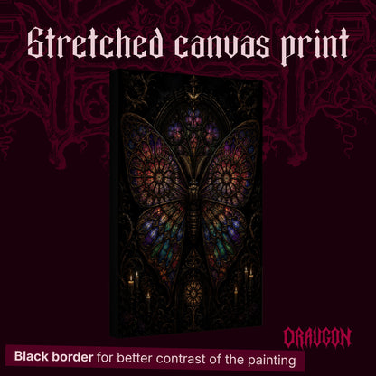 Vitrarium shown as a gallery-wrapped stretched canvas angled to reveal its depth and black border, with the Draugon wordmark and the caption Black border for better contrast of the painting.