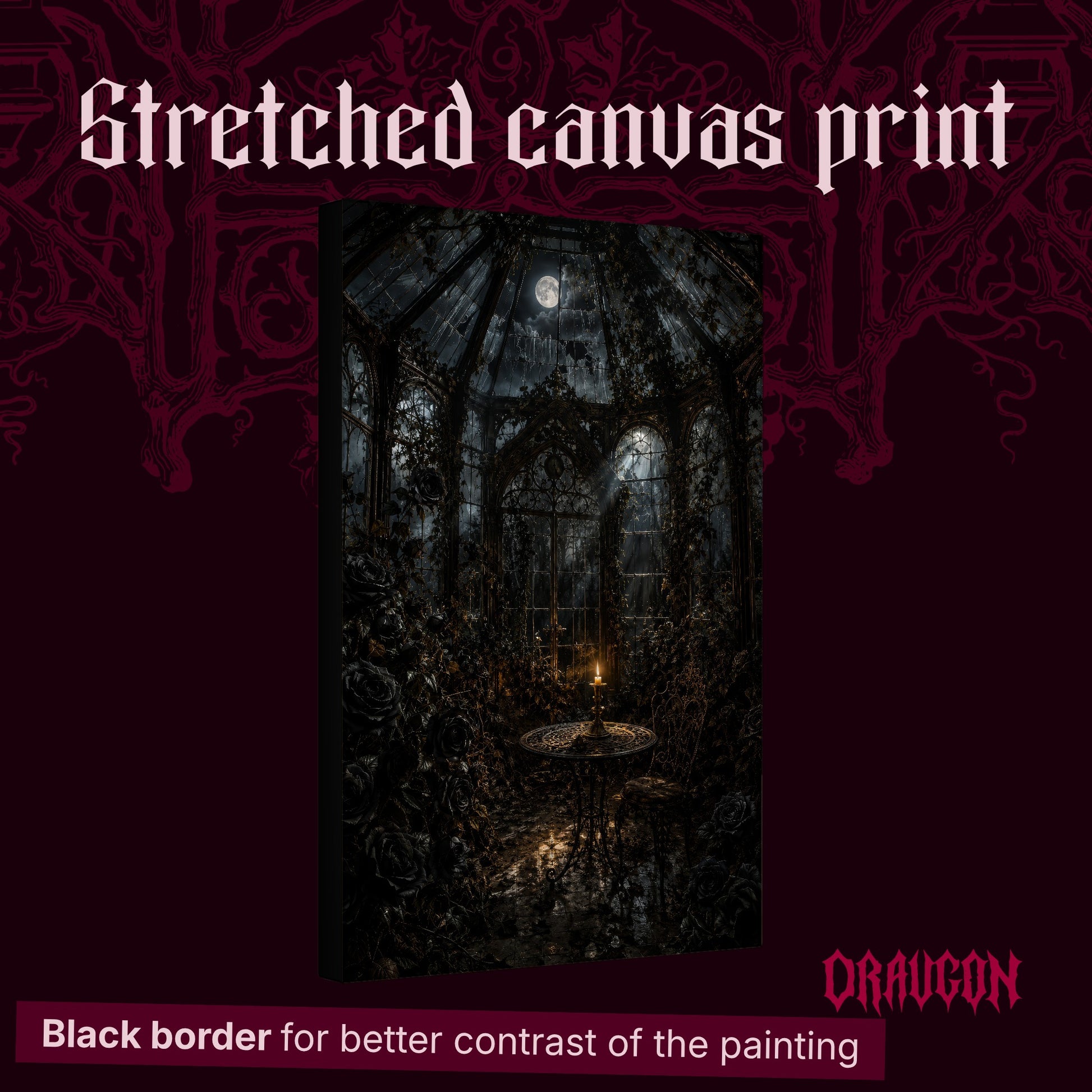 The Winter Garden shown as a gallery-wrapped stretched canvas angled to reveal its depth and black border, with the Draugon wordmark and the caption Black border for better contrast of the painting.