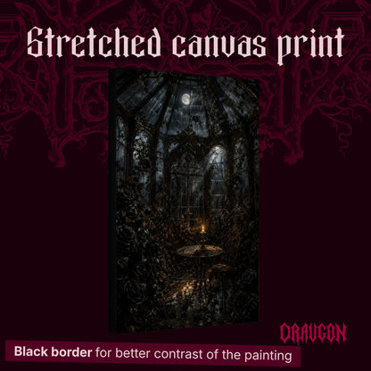 The Winter Garden shown as a gallery-wrapped stretched canvas angled to reveal its depth and black border, with the Draugon wordmark and the caption Black border for better contrast of the painting.