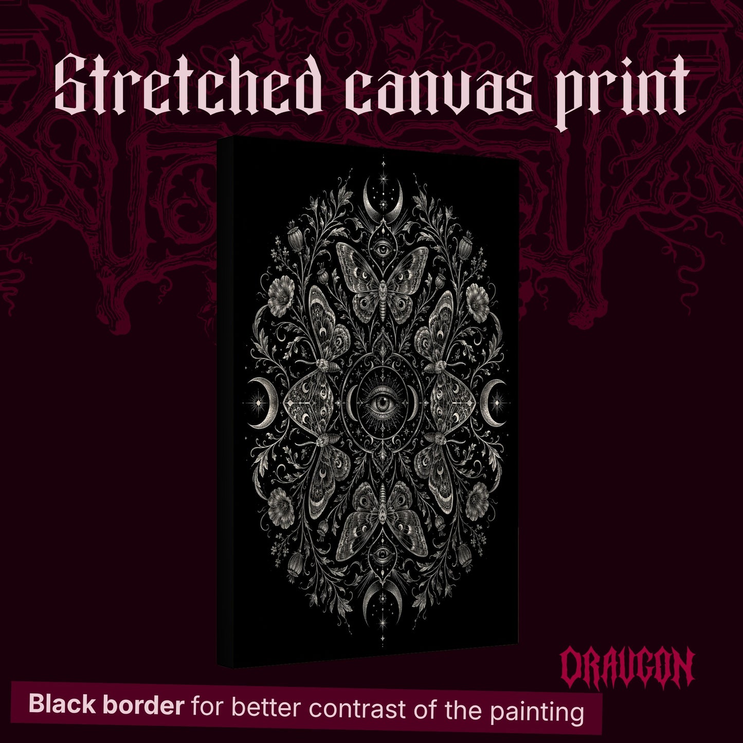 Argus shown as a gallery-wrapped stretched canvas angled to reveal its depth and black border, with the Draugon wordmark and the caption Black border for better contrast of the painting.