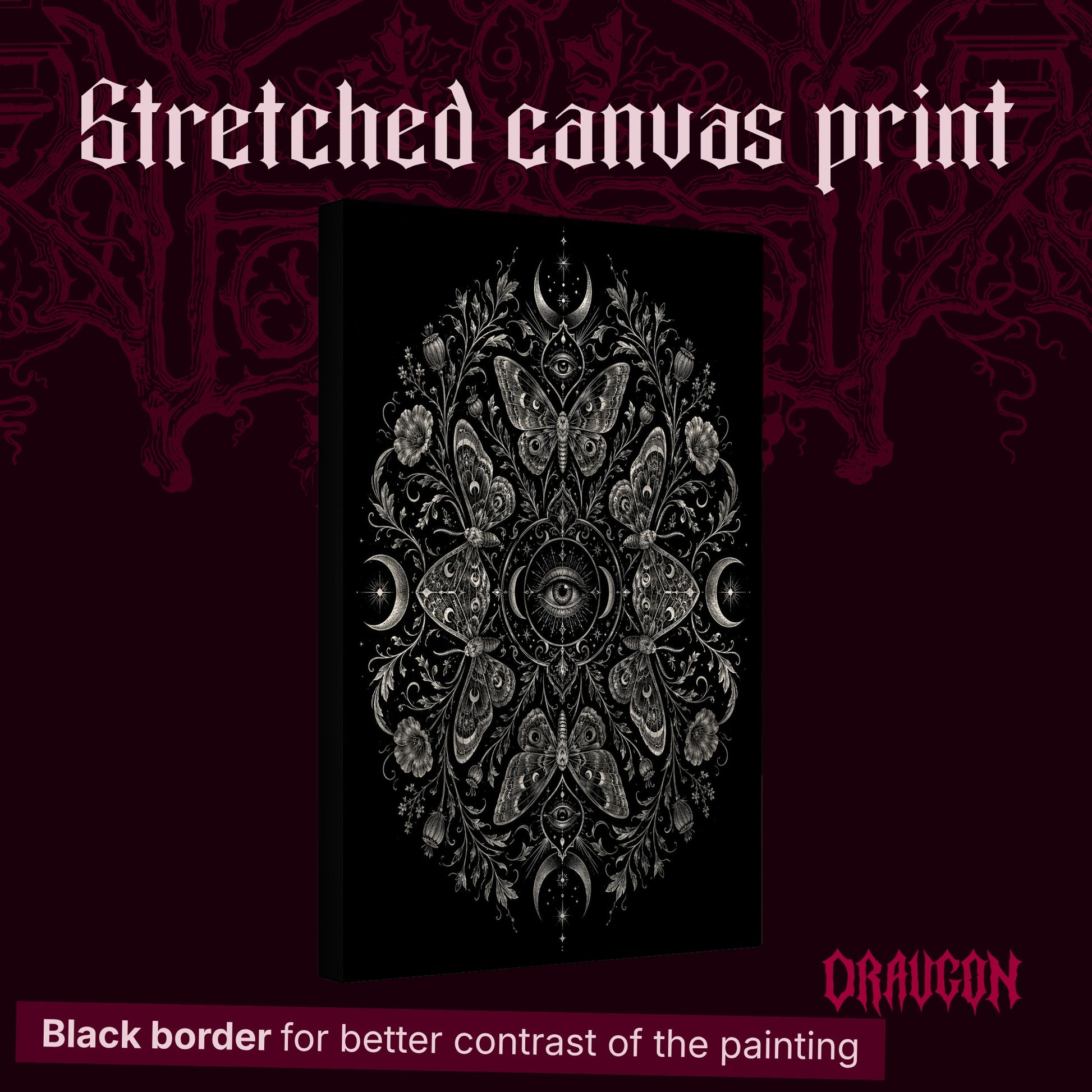 Argus shown as a gallery-wrapped stretched canvas angled to reveal its depth and black border, with the Draugon wordmark and the caption Black border for better contrast of the painting.