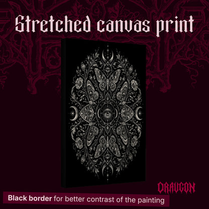 Argus shown as a gallery-wrapped stretched canvas angled to reveal its depth and black border, with the Draugon wordmark and the caption Black border for better contrast of the painting.