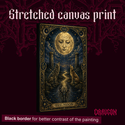La Lune shown as a gallery-wrapped stretched canvas angled to reveal its depth and black border, with the Draugon wordmark and the caption Black border for better contrast of the painting.