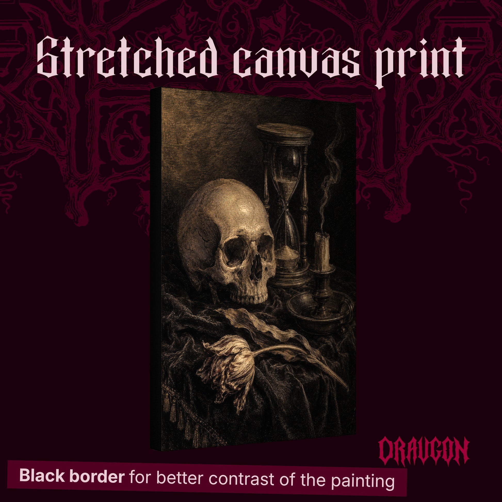 Compline shown as a gallery-wrapped stretched canvas angled to reveal its depth and black border, with the Draugon wordmark and the caption Black border for better contrast of the painting.