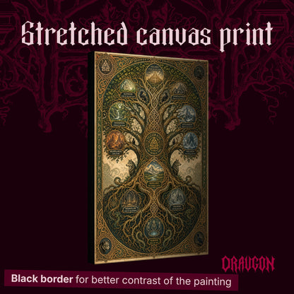 The Nine Realms shown as a gallery-wrapped stretched canvas angled to reveal its depth and black border, with the Draugon wordmark and the caption Black border for better contrast of the painting.