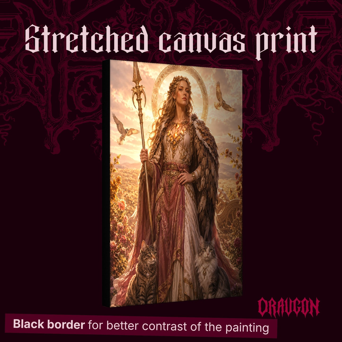 Freya shown as a gallery-wrapped stretched canvas angled to reveal its depth and black border, with the Draugon wordmark and the caption Black border for better contrast of the painting.