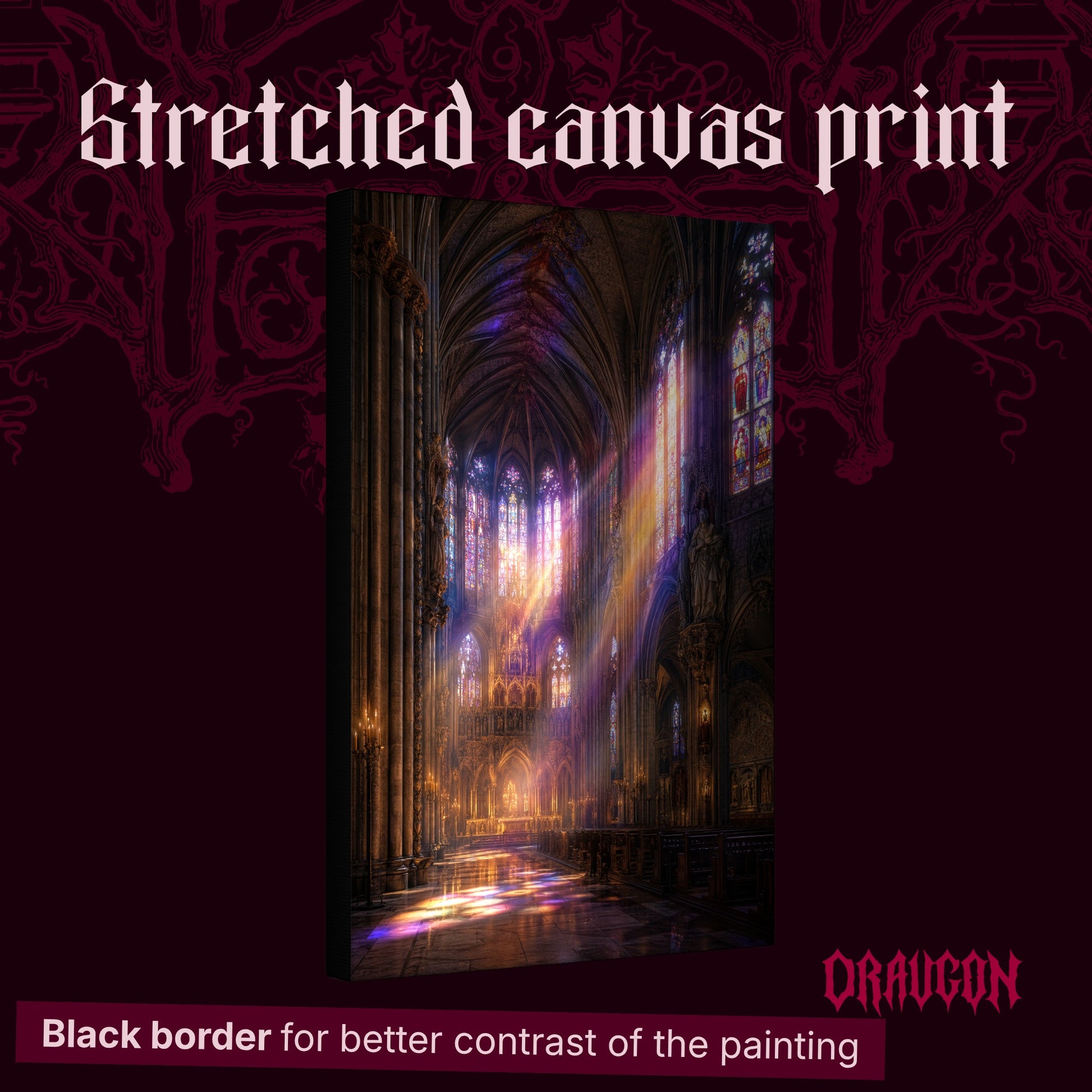 Gloria shown as a gallery-wrapped stretched canvas angled to reveal its depth and black border, with the Draugon wordmark and the caption Black border for better contrast of the painting.