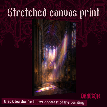 Gloria shown as a gallery-wrapped stretched canvas angled to reveal its depth and black border, with the Draugon wordmark and the caption Black border for better contrast of the painting.