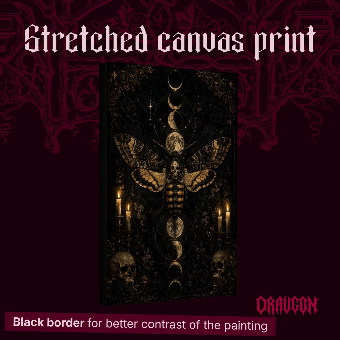 Acherontia shown as a gallery-wrapped stretched canvas angled to reveal its depth and black border, with the Draugon wordmark and the caption Black border for better contrast of the painting.
