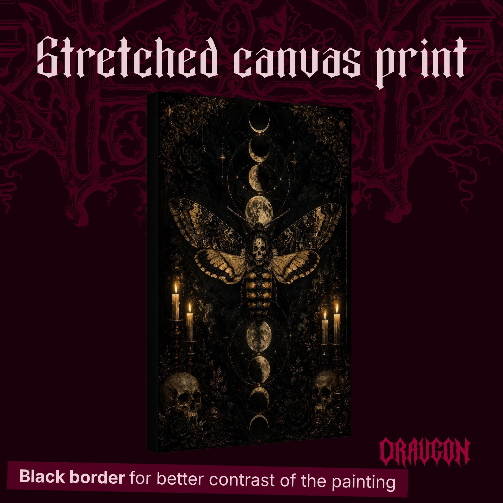 Acherontia shown as a gallery-wrapped stretched canvas angled to reveal its depth and black border, with the Draugon wordmark and the caption Black border for better contrast of the painting.