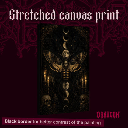 Acherontia shown as a gallery-wrapped stretched canvas angled to reveal its depth and black border, with the Draugon wordmark and the caption Black border for better contrast of the painting.