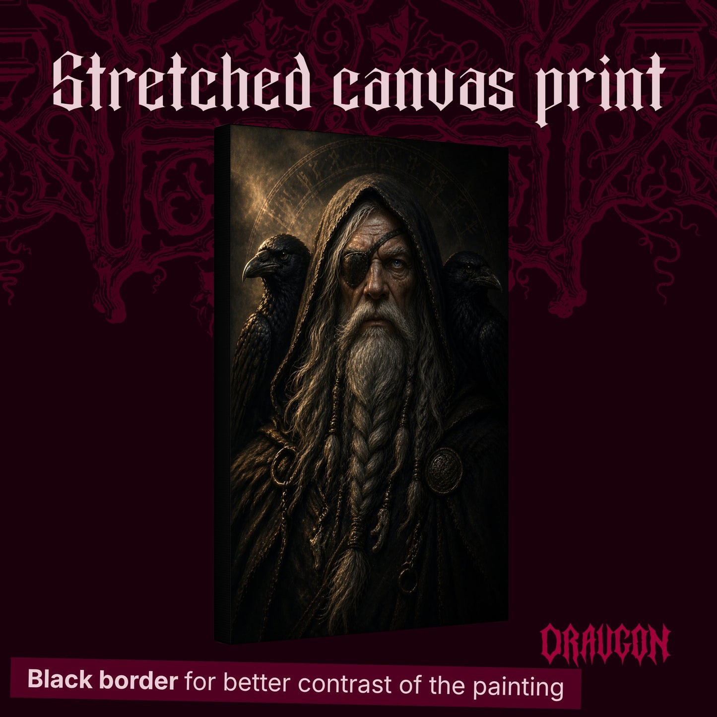 The Allfather shown as a gallery-wrapped stretched canvas angled to reveal its depth and black border, with the Draugon wordmark and the caption Black border for better contrast of the painting.