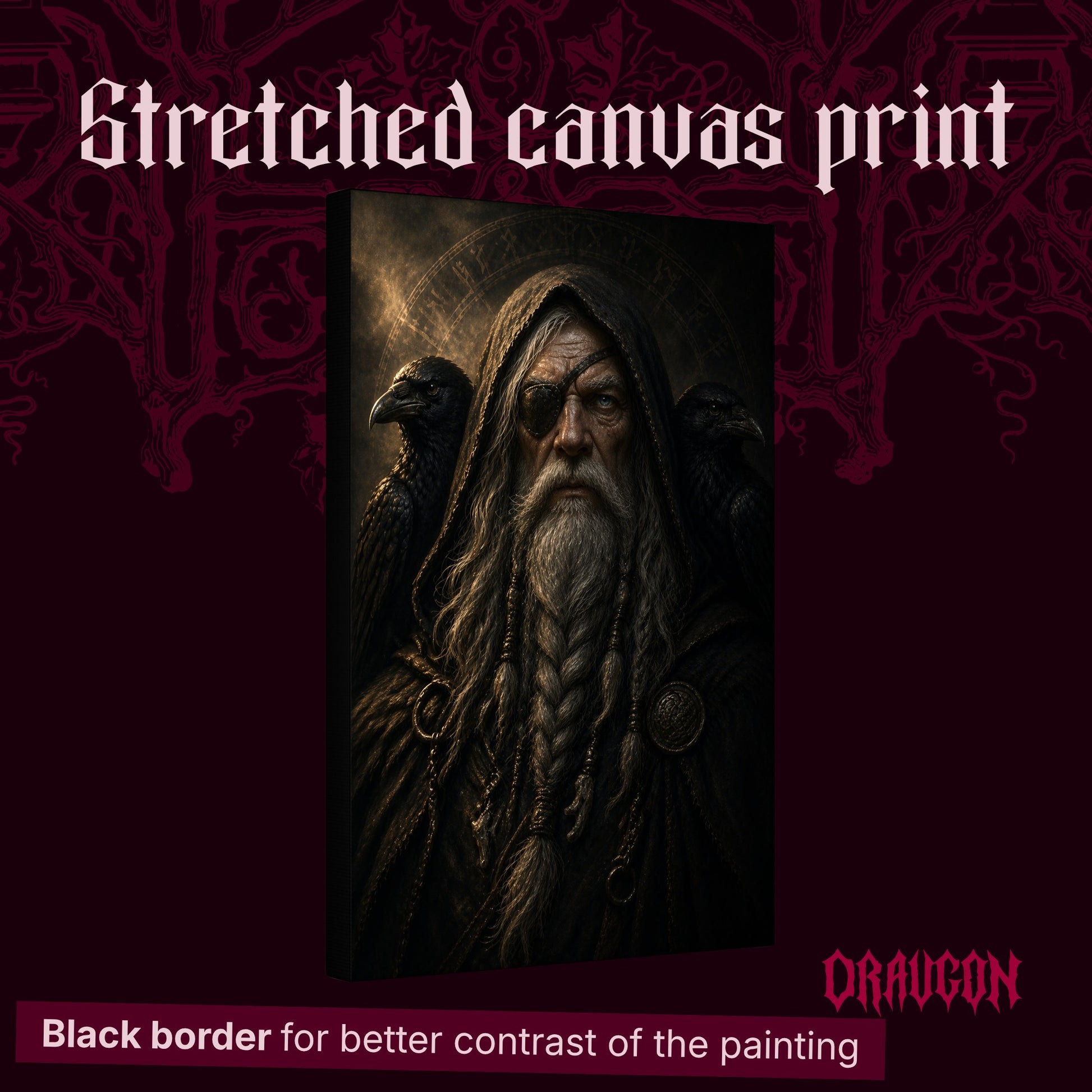 The Allfather shown as a gallery-wrapped stretched canvas angled to reveal its depth and black border, with the Draugon wordmark and the caption Black border for better contrast of the painting.