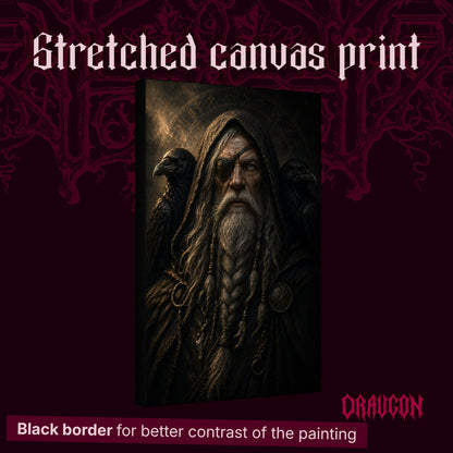 The Allfather shown as a gallery-wrapped stretched canvas angled to reveal its depth and black border, with the Draugon wordmark and the caption Black border for better contrast of the painting.