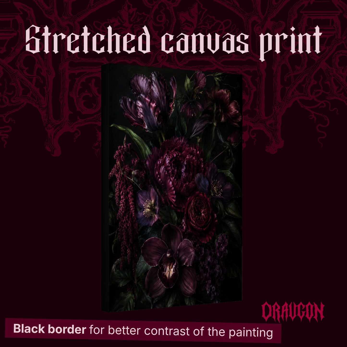 Umbra shown as a gallery-wrapped stretched canvas angled to reveal its depth and black border, with the Draugon wordmark and the caption Black border for better contrast of the painting.