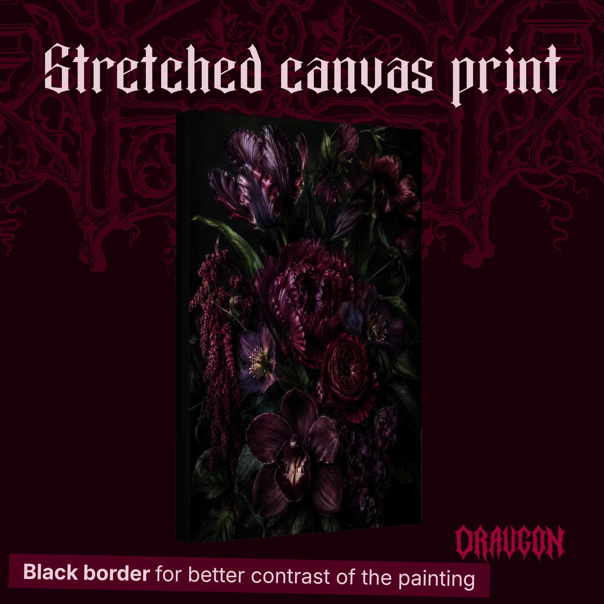 Umbra shown as a gallery-wrapped stretched canvas angled to reveal its depth and black border, with the Draugon wordmark and the caption Black border for better contrast of the painting.