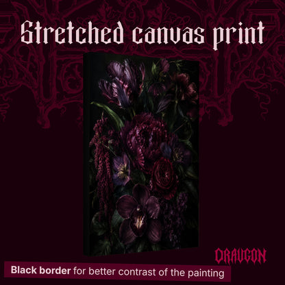 Umbra shown as a gallery-wrapped stretched canvas angled to reveal its depth and black border, with the Draugon wordmark and the caption Black border for better contrast of the painting.